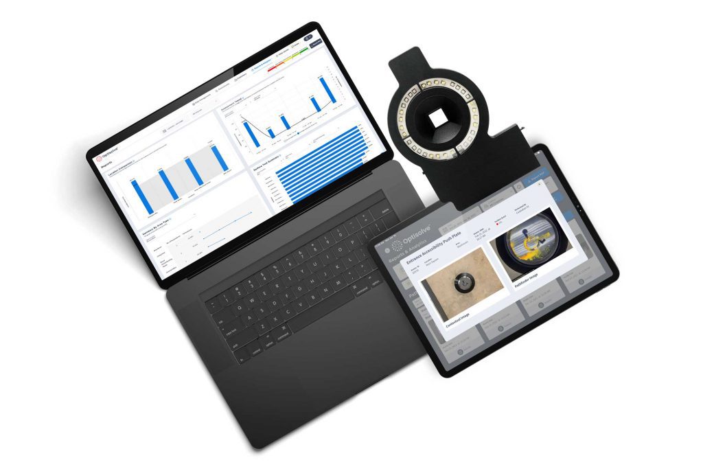 A tablet showing SAVI software features with a laptop showing SAVI software features as well as an Optisolve product.