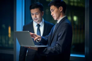Unlocking the Full Potential of Facility Assessors with Facility Insights Pro. Two professional assessors consulting over Facility Insights Pro on a laptop, strategizing for facility management optimization in an office setting at night.