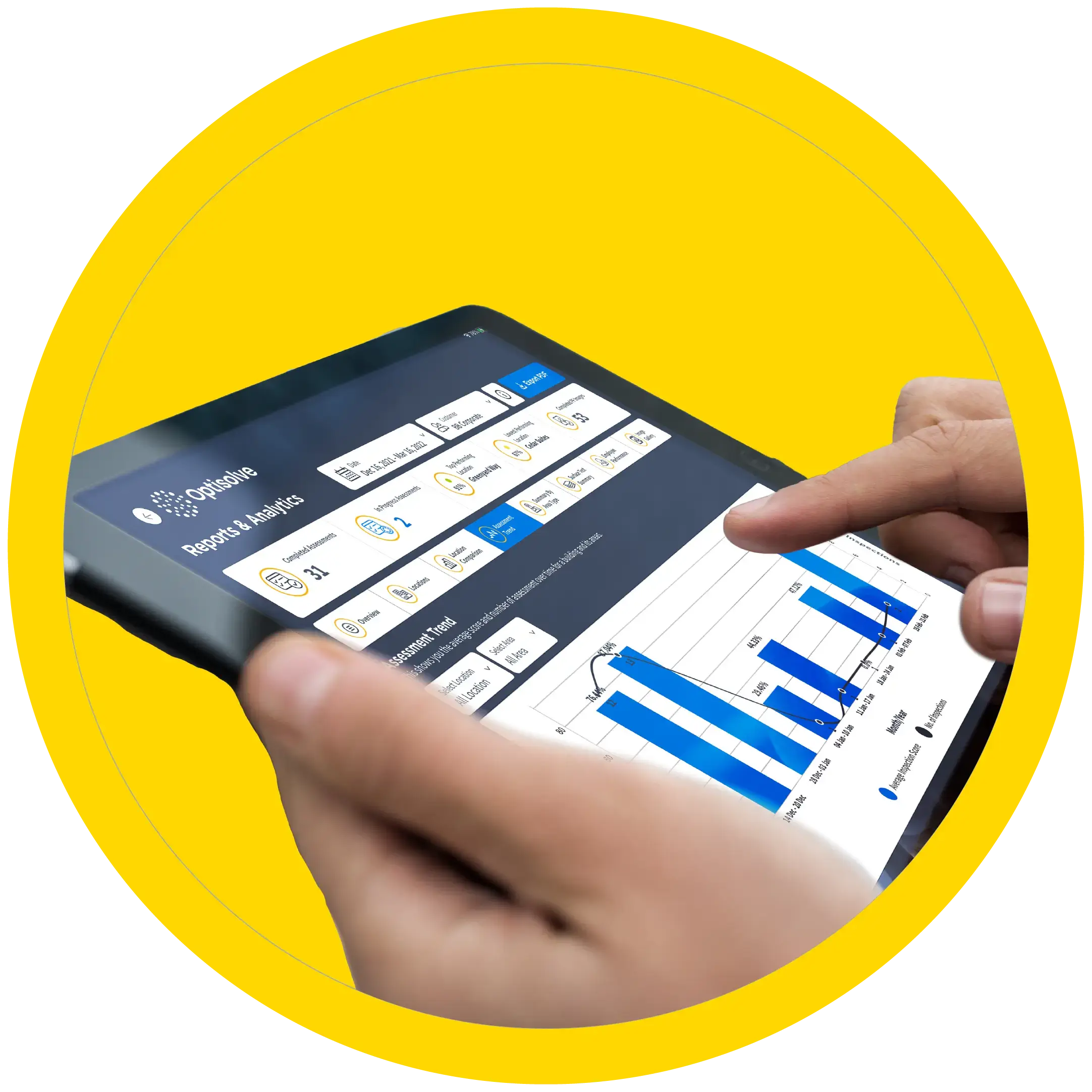 iPad with SAVI software open on it, iPad is being held in 1 hand while the other hand is pointing at a data graph