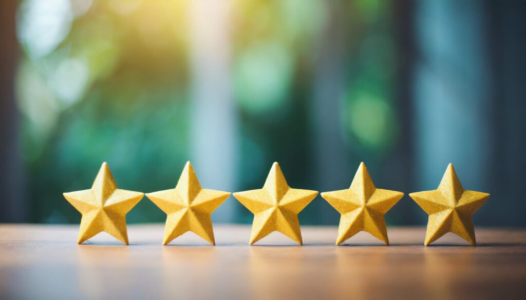 five yellow stars symbolizing top business achievement and recognition, floating in approval