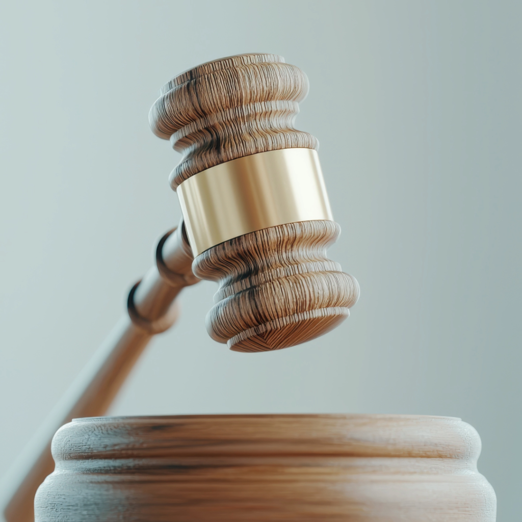 A close-up of a wooden gavel with a polished gold band striking a sound block, symbolizing justice, authority, or legal proceedings. The soft lighting and minimalist background emphasize the craftsmanship and importance of the object.